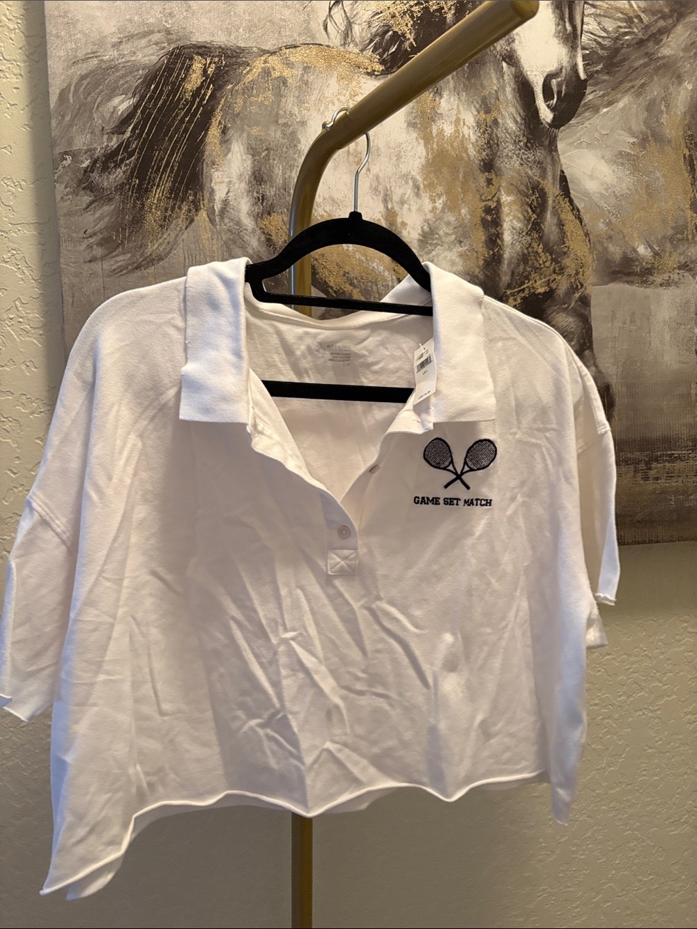 Cropped White Polo Top with Tennis Graphic
